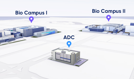 Location of Samsung's new antibody-drug conjugate facility in relation to existing development and manufacturing sites